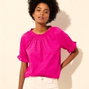 LOFT PINK EYELET RUGFLE COLLAR PUFF SLEEVE PEASANT BLOUSE EUC